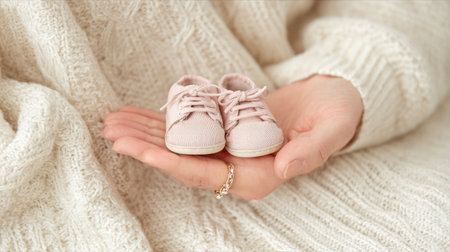 A close-up view of soft pink baby shoes cradled in a hand against a cozy knit sweater, evoking warmth and tenderness of new beginnings.の素材