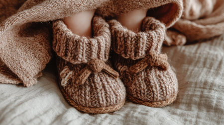 This serene image showcases cozy hand-knit baby booties resting on a soft blanket, capturing warmth and comfort in a tranquil home setting.の素材