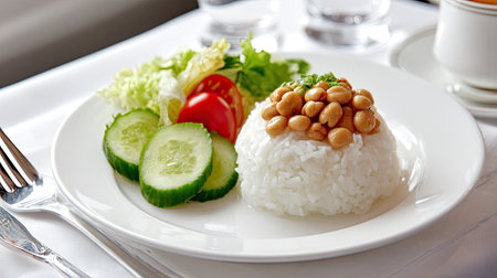 This appealing dish features a serving of white rice topped with peanuts, accompanied by fresh cucumbers, cherry tomatoes, and greens, perfect for a light meal.の素材