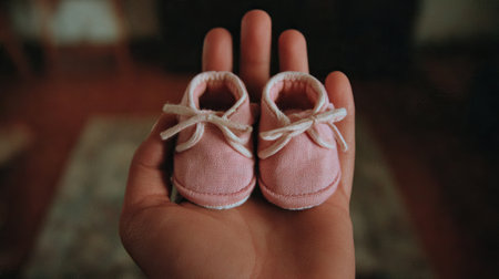 A charming pair of tiny pink baby shoes resting in a hand, representing the joy of new life and the warmth of family connections. Perfect for celebrations.の素材