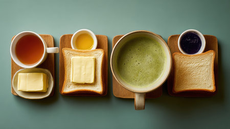 A beautifully arranged morning breakfast spread featuring buttered toast, a warm cup of tea, an egg, and a rich matcha drink. Ideal for food lovers.の素材