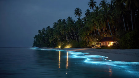 Experience a tranquil evening at a tropical beach where bioluminescent waves gently lap at the shore, reflecting the glowing lights of a cozy cottage amidst swaying palm trees.の素材