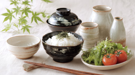 A serene Japanese dining scene showcasing a bowl of rice, fresh vegetables, and elegant ceramic tableware for an authentic meal experience.の素材