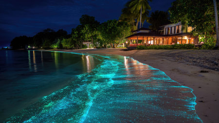 A serene beach scene at night featuring bioluminescent water, glowing softly along the shoreline, complemented by lush palm trees and a cozy resort.の素材