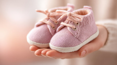Delicate pink baby booties resting on a hand, showcasing their cozy knit design. Ideal for newborns, these charming shoes symbolize love and care in parenting.の素材
