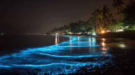 A stunning view of bioluminescent waves washing ashore on a tropical beach at night, illuminated by natural light against a backdrop of palm trees.の素材