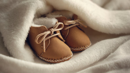 A pair of cute soft leather baby booties rests on a cozy white blanket, creating an adorable and heartwarming scene ideal for newborn photography.の素材