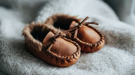 Adorable baby moccasins made of soft leather with fur accents, resting on a plush blanket. Perfect for nursery settings and as a thoughtful gift.の素材