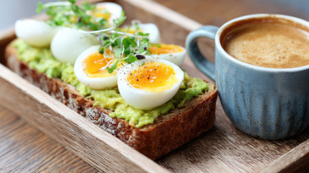 A beautifully styled plate featuring fresh avocado toast topped with perfectly soft boiled eggs, paired with a rich espresso, all on a wooden tray.の素材