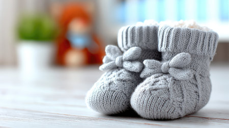 These charming gray knitted baby booties feature delicate bows, perfect for keeping little feet warm. A lovely addition to any nursery or baby shower gift.の素材