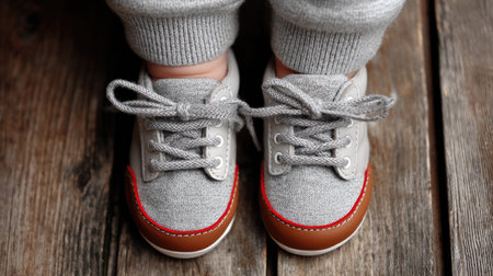 This charming image showcases a pair of gray sneakers worn by a child, paired with cozy socks against a rustic wooden backdrop. Perfect for depicting childhood fashion and comfort.の素材