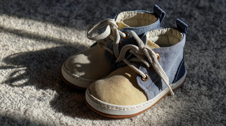 This charming image showcases a pair of adorable baby shoes resting on a soft carpet, beautifully lit by natural light. The cozy setting emphasizes the innocence and joy of childhood.の素材