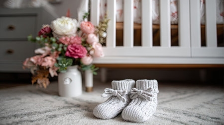This enchanting image captures cozy baby booties beautifully placed on a soft rug, complemented by a lovely floral arrangement and a charming crib in a nursery.の素材
