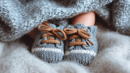 A pair of cozy knitted baby booties nestled in a soft woolen blanket, symbolizing comfort and love for newborns. Perfect for capturing tender moments.の素材