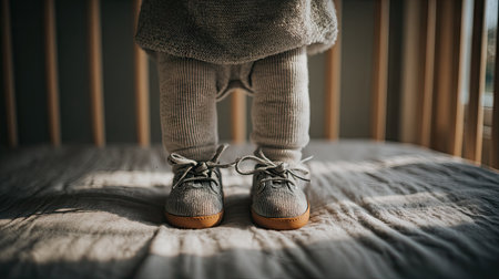 A charming capture of tiny feet adorned in soft grey shoes, set in a serene crib environment illuminated by gentle natural light, evoking warmth and innocence.の素材