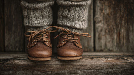 A close-up view of vintage brown leather shoes paired with cozy knitted socks, set against a rustic wooden surface, creating a warm, inviting atmosphere.の素材