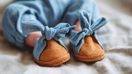 This charming image showcases a pair of soft baby shoes with blue fabric ties, perfect for adding style and comfort to any newborn look.の素材