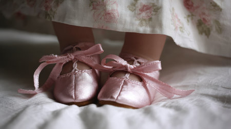 A heartwarming close-up of delicate pink satin shoes with ribbons, resting softly on a floral background, evoking nostalgia and childhood charm.の素材