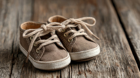 A pair of adorable brown baby shoes placed on a rustic wooden surface. This image captures the essence of childhood, perfect for family and fashion related themes.の素材