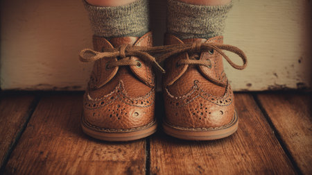 This charming image features a pair of vintage leather children's shoes tied with a bow, resting on a rustic wooden floor. The warm tones enhance the nostalgic feel.の素材