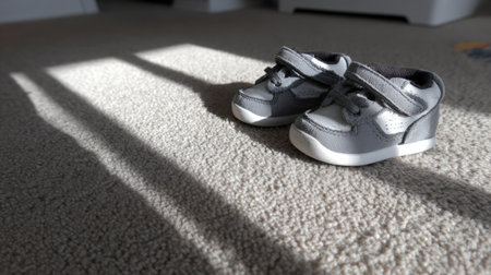 This image features a pair of gray infant shoes on a soft carpet, illuminated by gentle sunlight creating soft shadows, ideal for baby-related themes.の素材