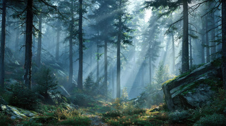 A captivating image of a misty forest scene where sunlight breaks through the tall trees, illuminating the tranquil greenery and rocky terrain below.の素材