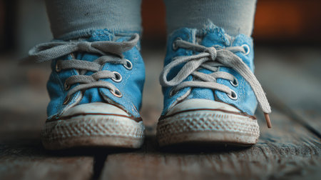 A charming closeup of blue canvas sneakers on little feet, evoking feelings of nostalgia and warmth, perfect for capturing the essence of childhood adventures.の素材