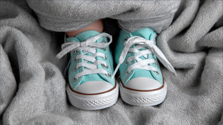 This image features baby shoes in a light blue color resting on soft grey fabric. Perfect for showcasing stylish and comfortable footwear for toddlers, these shoes combine adorable design with practicality, making them an ideal choice for parents looking for trendy apparel for their little ones.の素材