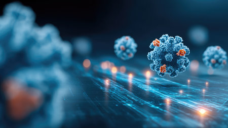 This image showcases a detailed view of virus particles in a digital environment, symbolizing the intersection of microbiology and advanced health technology.の素材