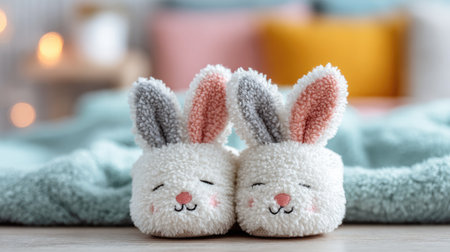 Adorable bunny slippers resting on a soft textile background create a cozy and welcoming atmosphere, perfect for home decor and relaxation moments.の素材