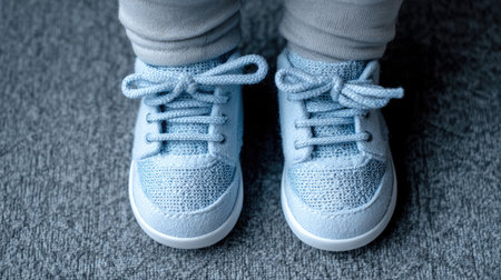 Adorable blue sneakers on a child's feet highlight comfort and style in a cozy indoor environment, perfect for showcasing kids' fashion trends.の素材