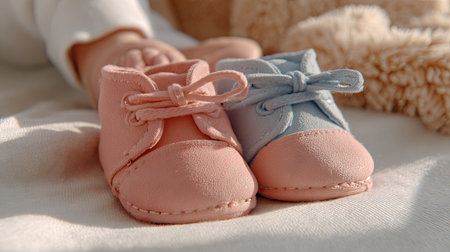 A pair of adorable soft leather baby booties in pink and blue, placed delicately on a cozy blanket, perfect for infant fashion and nursery decor.の素材