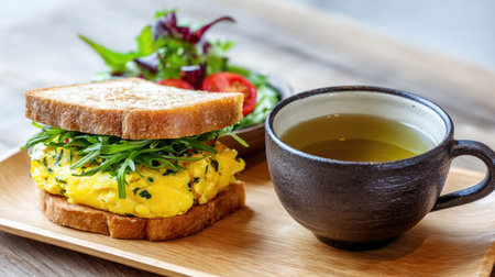 Start your day right with a delightful breakfast featuring a fluffy omelet sandwich loaded with fresh greens and a side of herbal tea. Perfect for healthy eating!の素材