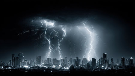 A breathtaking view of a lightning storm illuminating an urban skyline, showcasing the beauty and power of nature against a dark night backdrop.の素材