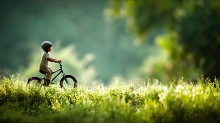 A young child riding a bicycle through a lush green field, bathed in warm sunlight. The scene captures the essence of childhood freedom and joy in nature.の素材