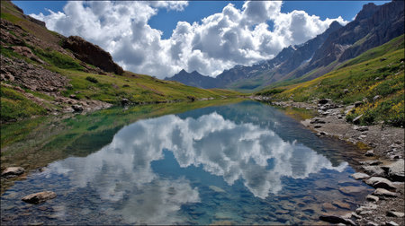 A breathtaking view of a serene mountain lake reflecting fluffy clouds and lush greenery under a bright blue sky, perfect for nature lovers.の素材