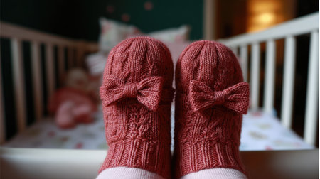These adorable knitted baby socks feature charming bows and are resting on tiny feet in a warm nursery setting, evoking feelings of comfort and joy.の素材