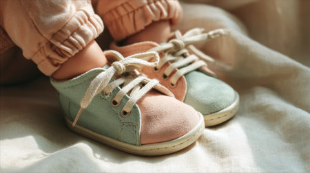 These cute doll shoes feature a soft mint and peach color scheme with laces, designed for a charming display on a light fabric surface.の素材