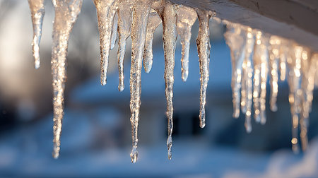 Stunning icicles glisten in the winter sunlight, creating a magical atmosphere. These ice formations hang gracefully, showcasing the beauty of a snowy landscape.の素材