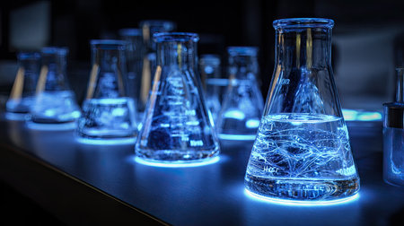 A captivating array of laboratory glassware illuminated with blue light, showcasing the beauty of science and experimentation in a modern research environment.の素材