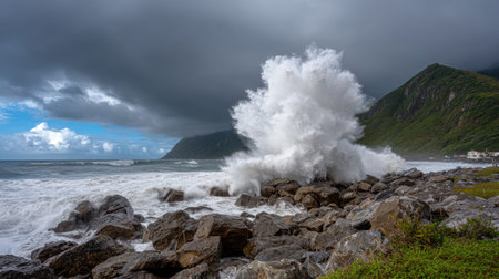 A mesmerizing view of powerful ocean waves crashing over a rocky shoreline, creating a dramatic splash against a backdrop of dark clouds and clear skies.の素材