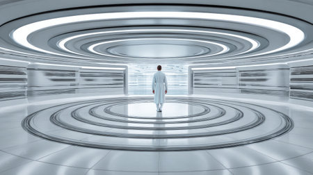 A futuristic laboratory interior features a solitary figure standing amidst a sleek, circular design. The modern space embodies advanced technology and minimalism, creating a striking visual ambiance, perfect for concepts related to innovation and scientific research.の素材