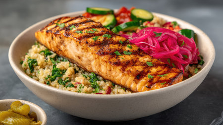 Enjoy a mouthwatering grilled salmon fillet served over a bed of nutritious quinoa and accompanied by fresh vegetables, perfect for healthy dining.の素材