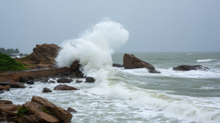 An incredible view of powerful ocean waves crashing against a rocky shoreline under stormy conditions. The turbulent sea creates a dramatic scene filled with nature's raw energy and beauty.の素材