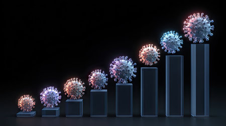 A striking 3D visualization illustrating the growth of coronavirus cases through colored virus icons and increasing data bars, emphasizing health impacts.の素材