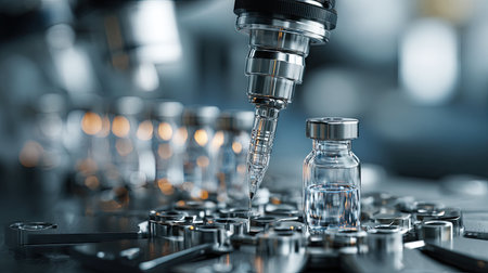 Close-up view of a laboratory setup showing a syringe precisely transferring liquid to a glass vial, highlighting advanced medical and research techniques.の素材