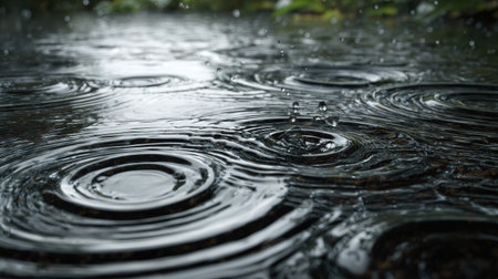 A closeup view of raindrops falling on a still body of water, creating beautiful ripples and reflections, illustrating the serenity of nature and tranquility.の素材