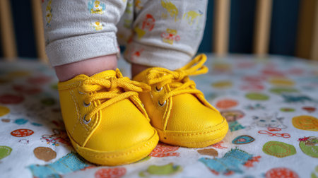 A pair of bright yellow toddler shoes sits atop a colorful, patterned fabric, showcasing a cozy and playful indoor atmosphere perfect for children.の素材