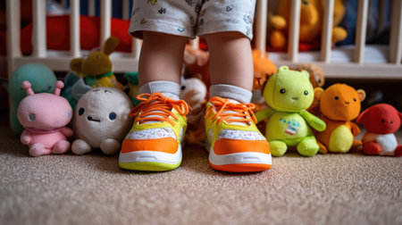 A toddler stands among an array of plush toys, showcasing bright and colorful sneakers. This playful scene captures the joy of childhood in a cozy nursery setting.の素材