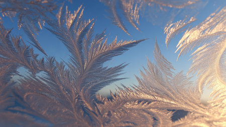 This stunning image captures intricate frost patterns on glass, illuminated by the soft light of dawn against a serene blue sky, highlighting winter's beauty.の素材